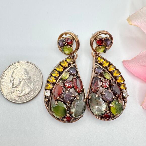 PJM China Colorful Glass Rhinestone Paisley Drop Big Statement Earrings Signed - Picture 8 of 14